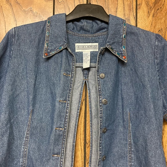 Jessica Howard Women’s Blue Denim Short Sleeve Button Up Jacket w Open Back M - Picture 3 of 7